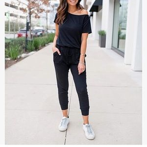 Women's Loose Solid Off Shoulder Elastic Waist Stretchy Long Romper Jumpsuit